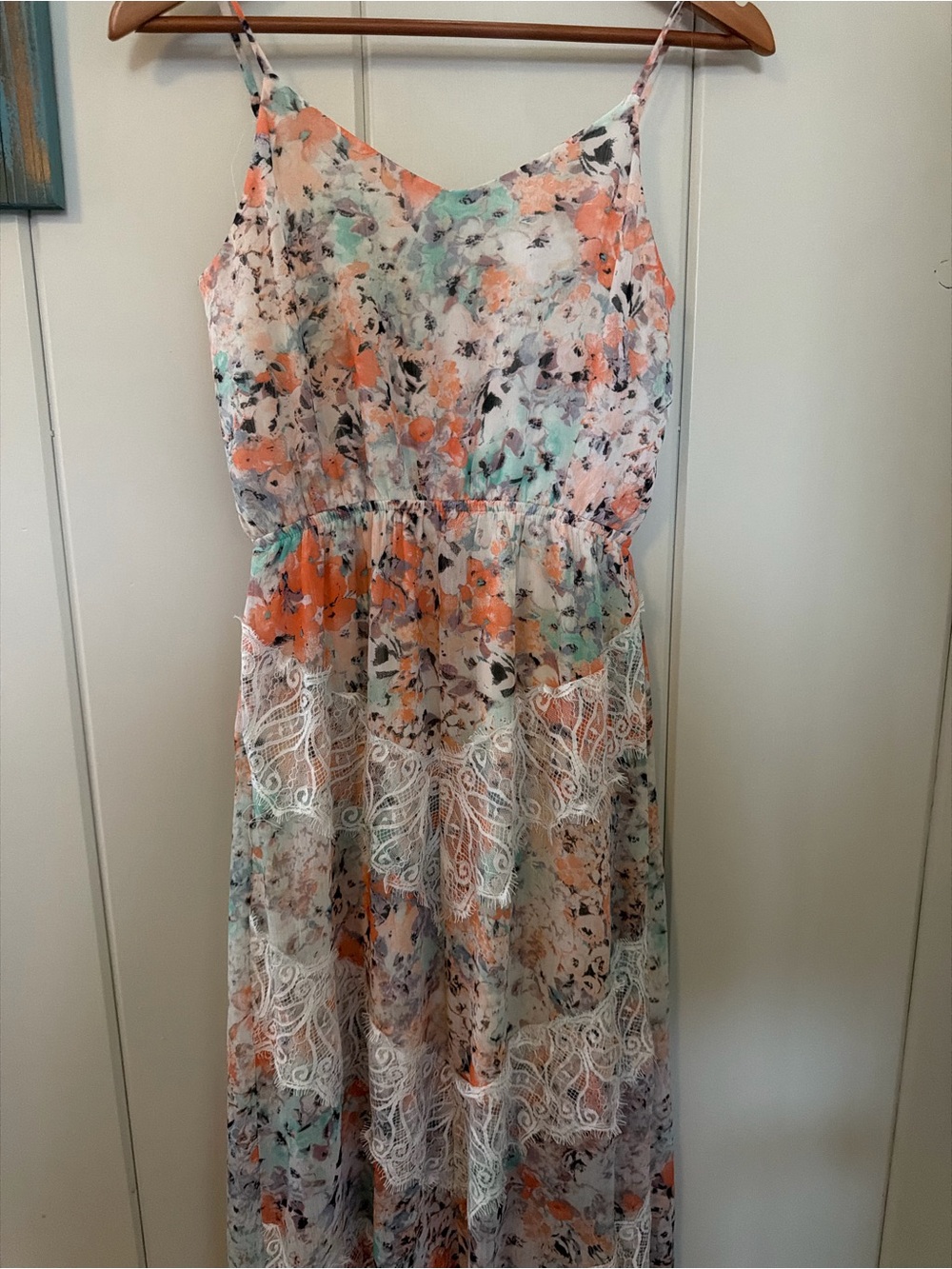Vanity Floral Maxi Dress Size S Lace Trim Chiffon Spaghetti Strap Boho Cottageco